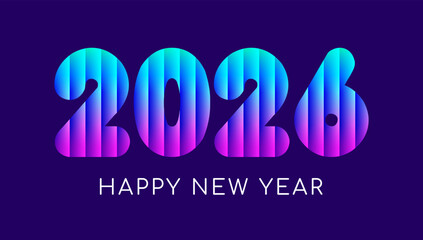 Happy New Year 2026 greeting card. Colorful gradient ribbed glass effect vector numbers for New Year greetings, calendar, banners, posters