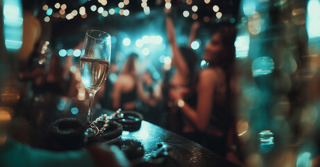 Cheers to celebration at an evening party with sparkling drinks and upbeat energy in a lively atmosphere filled with music and joy