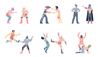 Luchadores characters. Mexican fighters championship, wrestling workout. Wrestler from mexico in mask and costumes, fight show recent vector participants