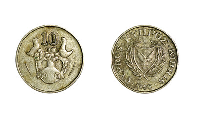 cyprus 10 cents coin, obverse and reverse, isolated on white background