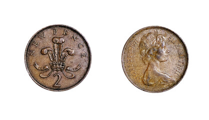 2 New Pence coin isolated on white background, front and back sides
1971 Elizabeth British coin