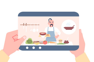 Cooking online lesson. Person looking culinary workshop on smartphone. Traditional cuisine chef cook east european soup, recent vector concept