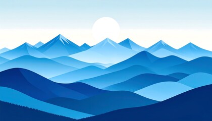 Serene, minimalist illustration showcasing layered blue mountains beneath a soft, glowing orb in a clear, gradient sky