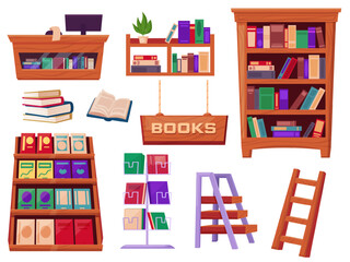 Bookstore furniture. Cashier desk, wooden signboard, bookshelves. Metal stand for magazine, wood ladders, book piles. Library nowaday vector accessories