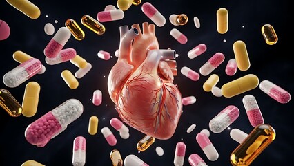 Vibrant pharmaceutical capsules and tablets orbiting a central human heart, symbolizing the impact of medicine on cardiac health