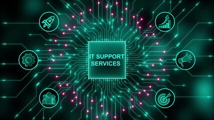 IT Support Services Digital Network with Icons. Digital icon and internet technology on virtual interface, ensuring continuous improvement, refining processes, enhancing efficiency, and fostering a cu - Powered by Adobe