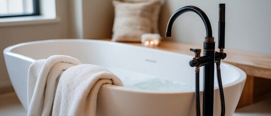 Relaxing bath experience in a modern bathroom with a stylish tub, warm lighting, and soft towels for a cozy atmosphere