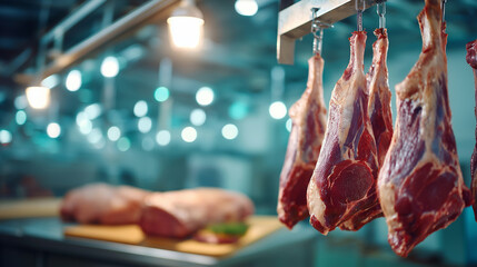 Butchery processing scene, hanging animal carcasses, meat production facility, industrial food environment, commercial processing operations, cold storage system, quality control e