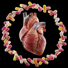 Anatomical heart model with diverse pharmaceutical capsules and tablets suspended against a dark background, representing cardiology.