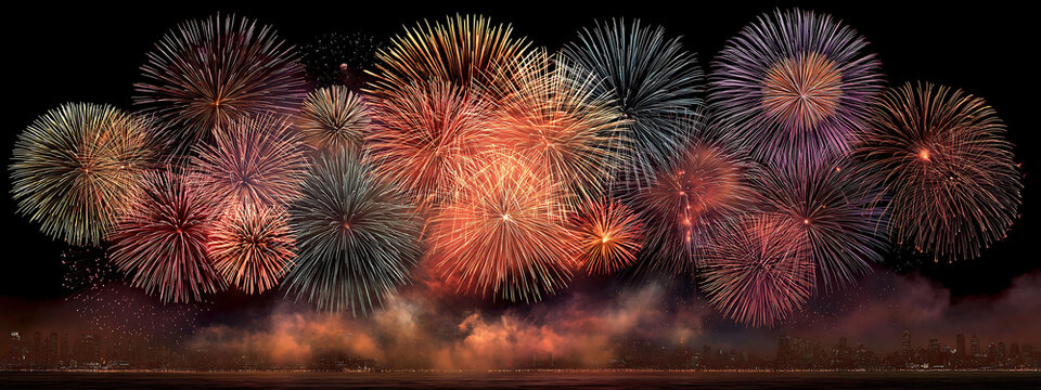 Vibrant large-scale fireworks light up night sky with smoke trails in realistic display for Independence Day celebration - Powered by Adobe