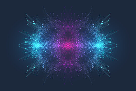 Scientific vector illustration quantum computer technology. Plexus fiction effect. Deep learning artificial intelligence. Big data algorithms visualization. Quantum explosion background.