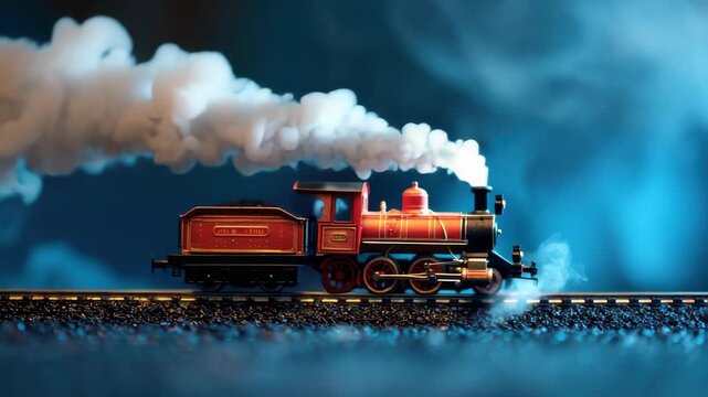 Vintage toy steam locomotive on tracks emitting in dark and smoky setting