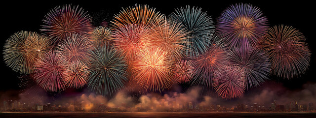 Vibrant large-scale Independence Day fireworks light up night sky with smoke trails, realistic colors