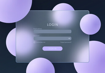 Dark glassmorphism UI login panel with floating violet spheres, soft blur and elegant modern interface style.