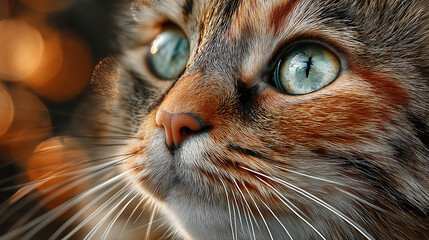A cat portrait on International Cat Day with sharp whiskers, golden sunlight, expressive eyes, and a soft background
