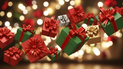 A festive collection of red and green christmas gift boxes with shiny ribbons floating against a warm, blurred background of bokeh lights, perfect for holiday greetings and celebrations
