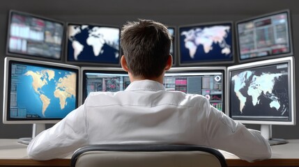 Male analyst in white shirt, seated at desk, monitoring multiple computer screens displaying global maps and data analytics, showcasing a high-tech workspace environment for data analysis