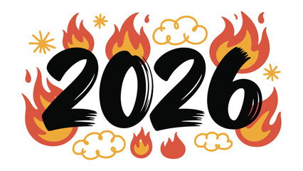 Year 2026: An expressive artwork visually representing the year 2026, embellished with flaming motifs that represent a dramatic, impactful event or situation. 