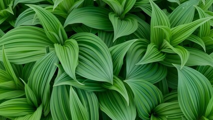 Close up of vibrant green leaves with prominent veins in a lush garden