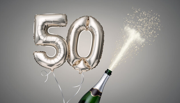 Number 50 balloon with popping champagne bottle. Celebrating a milestone, anniversary or birthday
