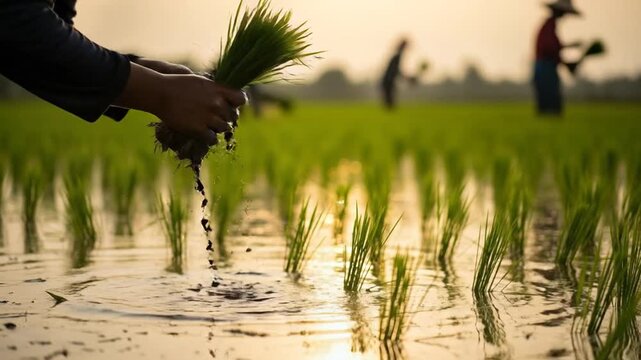 Farmers planting rice seedlings in a flooded paddy field.