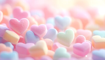 Soft pastel-colored heart-shaped candies are scattered, creating a delicate and cheerful blurred foreground effect