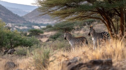 Two zebras stand cautiously by a tree in a grassy landscape under the evening sun in a wildlife setting