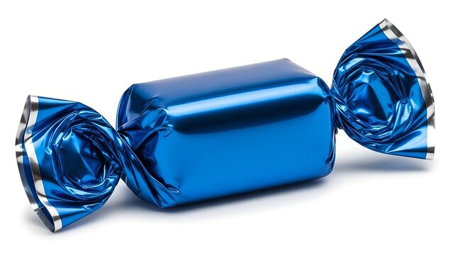 Shiny blue candy wrapper on white background, perfect for sweets and treats