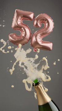 Number 52 balloon with popping champagne bottle. Celebrating a milestone, anniversary or birthday