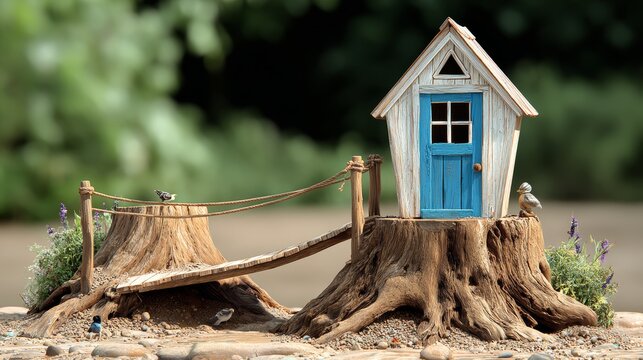 Fototapeta Miniature wooden house on tree stump with blue door, connected by a rope bridge, surrounded by greenery and small birds, creating a whimsical and enchanting scene in nature