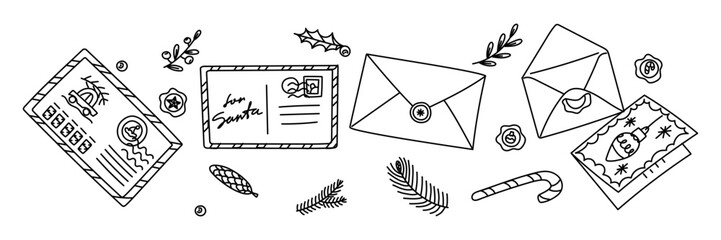 set of doodle Christmas letters for Santa with hand-drawn decorations. Envelopes, postcards, sugar canes, holly branches, fir branches, pine cones. for seasonal designs, greeting cards, postal