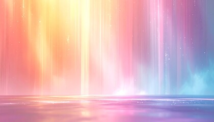 A vibrant, colorful digital artwork featuring vertical light streams over a reflective surface. The colors transition across the spectrum