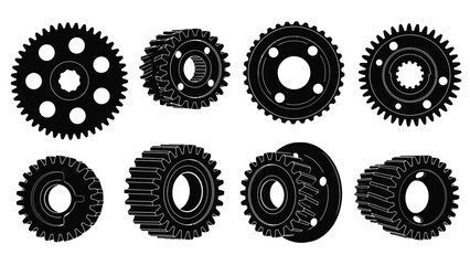 Collection of various black and white gear illustrations on a white background