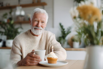 Elderly man smiling while enjoying cupcake with candle and tea at home