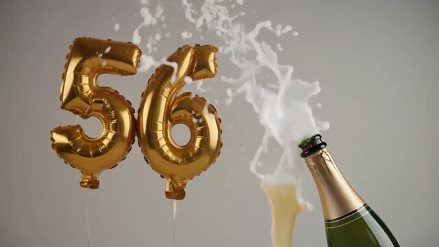 Number 56 balloon with popping champagne bottle. Celebrating a milestone, anniversary or birthday