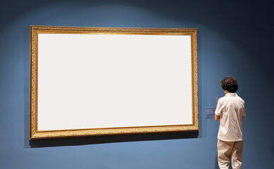 Cloud Dancer, trendy off-white color of the Year 2026. A person standing in a gallery, viewing a