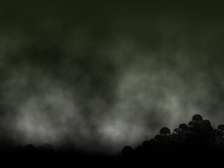 Pile of Halloween skulls on foggy dark cloud background