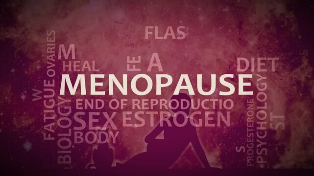 Menopause theme typography animation, consisting of important words and concepts. Woman with cat against deep space background.