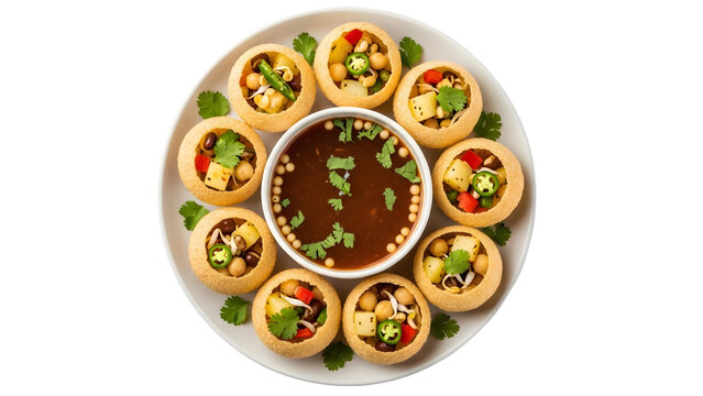Delicious pani puri platter with chutney served on a white plate isolated on transparent background