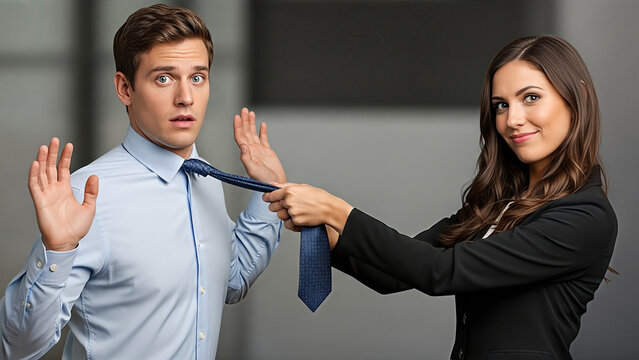 Confident woman in business attire playfully pulling the tie of a surprised man in a dress shirt, showcasing a dominant relationship dynamic with a humorous twist