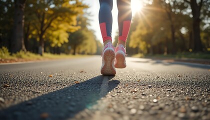 Closeup of runners legs and shoes on asphalt road during sunset