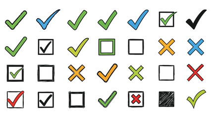 A collection of check marks boxes and crosses in varying colors and styles