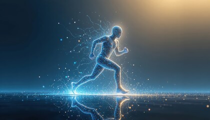 Running figure in a digital landscape with glowing elements Generative AI
