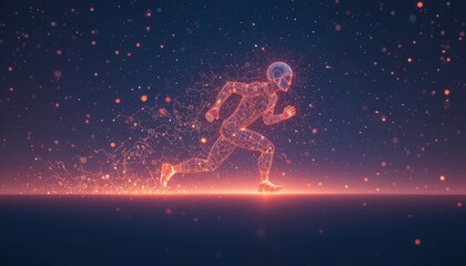 Dynamic figure running in a digital world with glowing elements at night Generative AI
