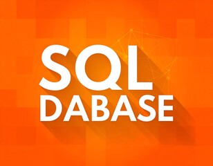 Large white text "SQL DABASE" with shadow on an orange background with blocks and interconnected lines. The text is centralized