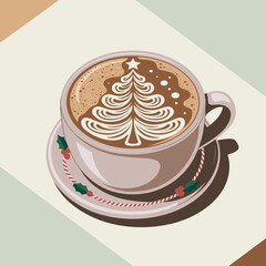 Clean vector of christmas tree latte art with festive accents &ndash; Perfect for holiday branding, seasonal greeting cards, or coffee packaging design.