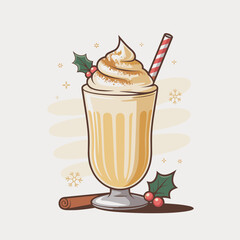 Clean vector of eggnog milkshake with whipped cream and spice sprinkle &ndash; Great for winter product advertising, seasonal recipe cards, or food photography props.