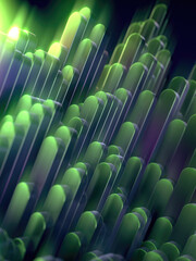 Illustration of vertical columns with rounded edges and colored gradients in shades of green. 3d rendering