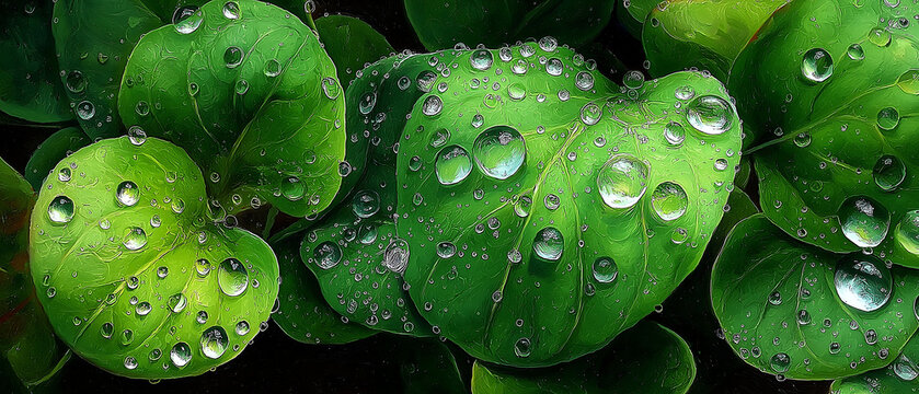 Close-up of fresh green leaf textures with water droplets, creating a hyperreal organic mood