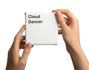 Cloud Dancer, trendy off-white color of the Year 2026. Hands holding a small canvas.